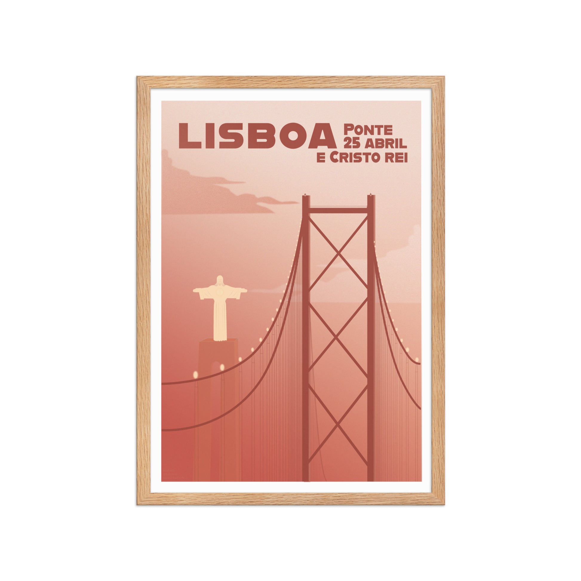 Framed Mi-pont framed print mockup in oak frame - hand-drawn Portugal wall art by MATHIS