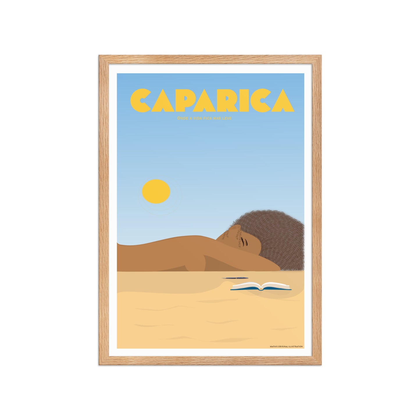 Framed Beach life framed print mockup in oak frame - hand-drawn Portugal wall art by MATHIS