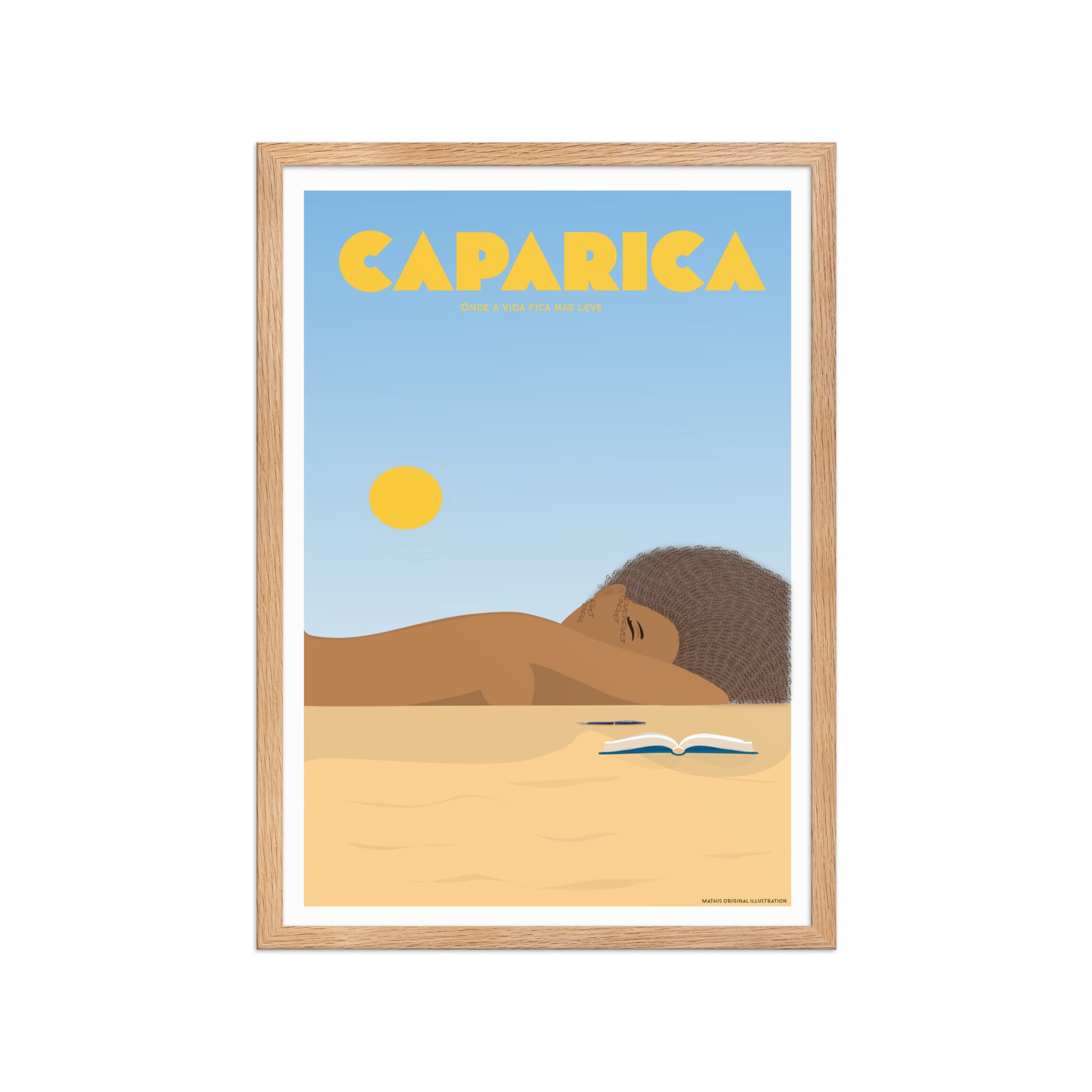 Framed Beach life framed print mockup in oak frame - hand-drawn Portugal wall art by MATHIS