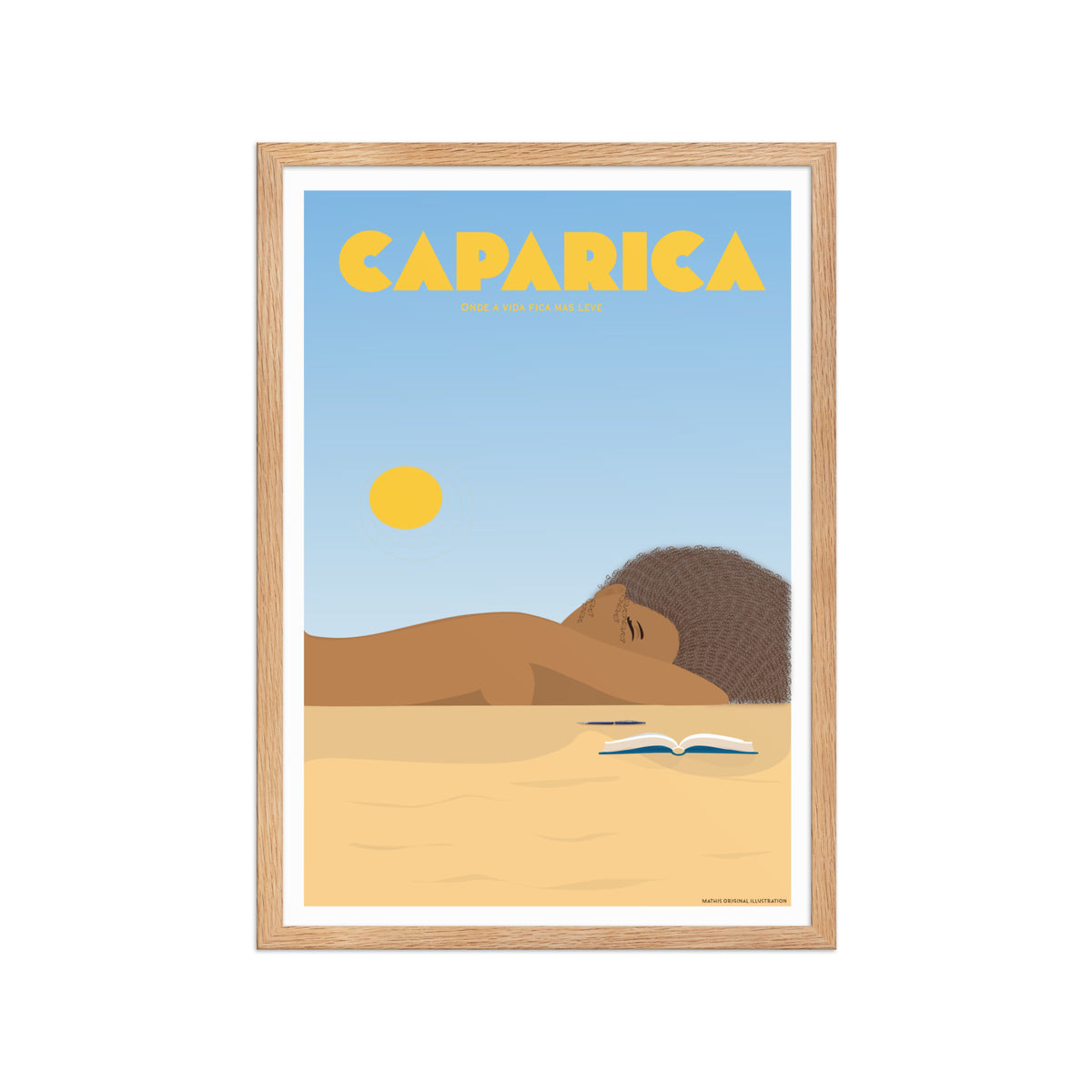 Framed Beach life framed print mockup in oak frame - hand-drawn Portugal wall art by MATHIS