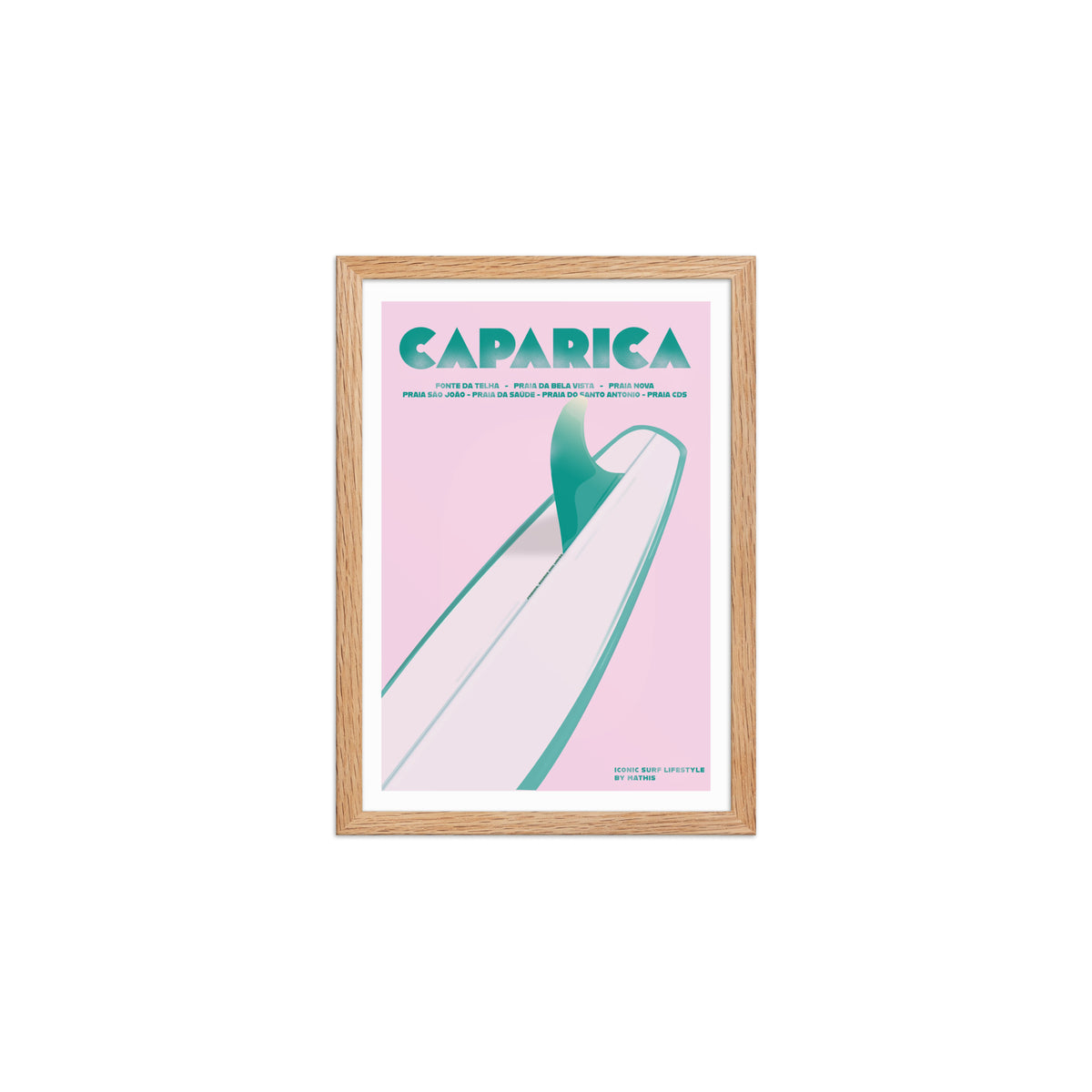 Framed Caparica longboard girly framed print mockup in oak frame - hand-drawn Costa da Caparica wall art by MATHIS