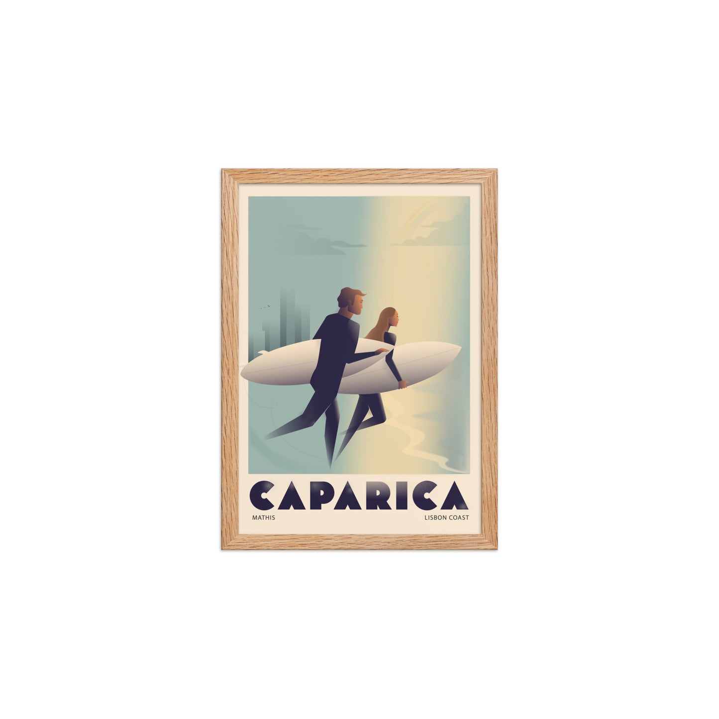 Framed Couple surf framed print mockup in oak frame - hand-drawn Portugal wall art by MATHIS