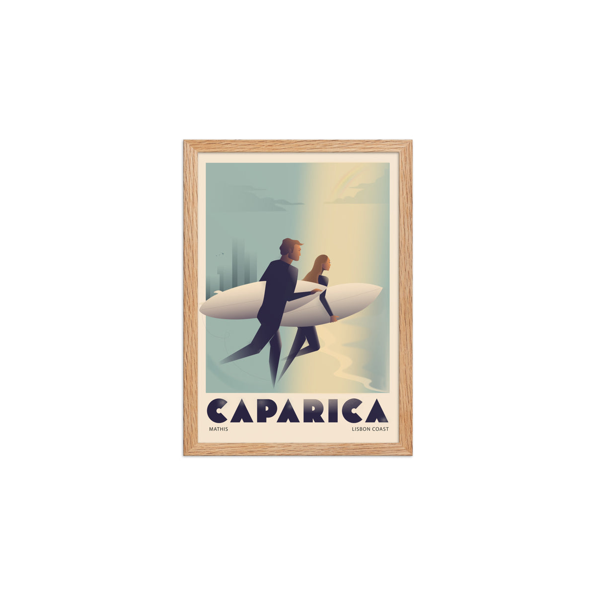 Framed Couple surf framed print mockup in oak frame - hand-drawn Portugal wall art by MATHIS