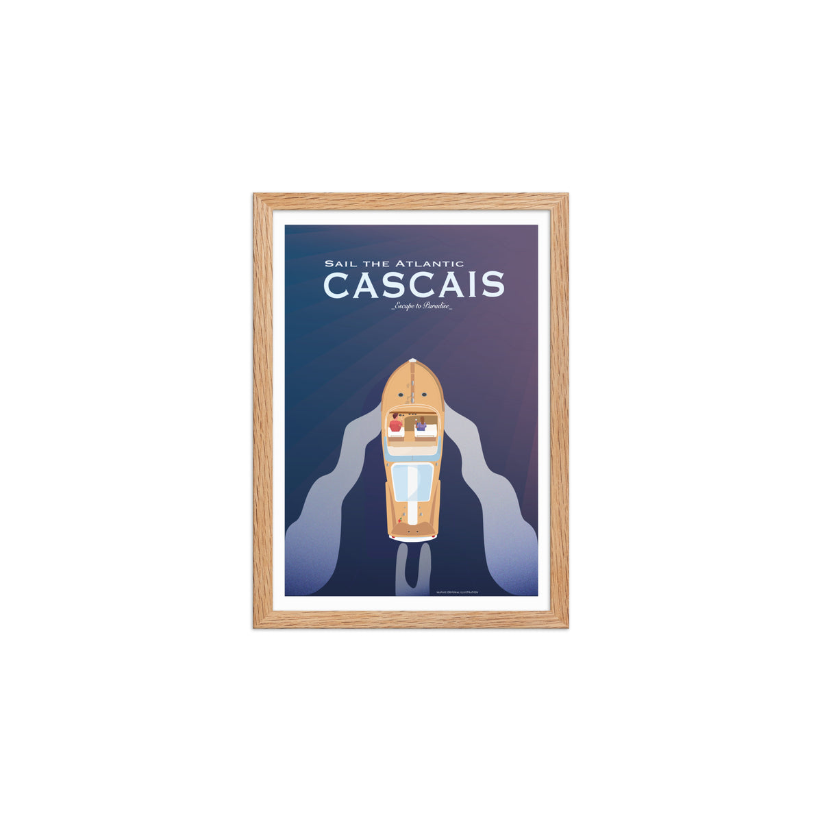 Framed Cascais boat couple framed print mockup in oak frame - hand-drawn Cascais wall art by MATHIS