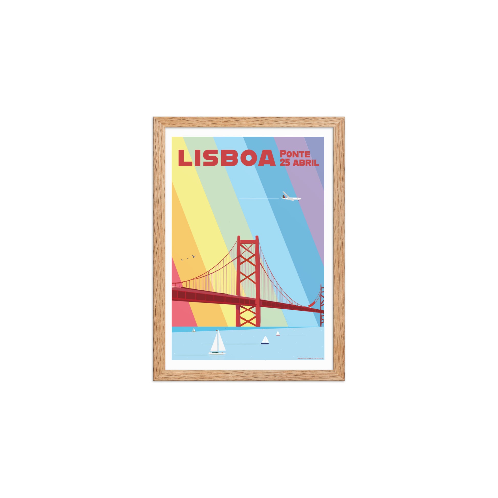Framed Bridge Multicolor framed print mockup in oak frame - hand-drawn Portugal wall art by MATHIS