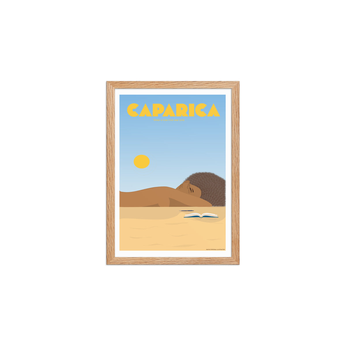 Framed Beach life framed print mockup in oak frame - hand-drawn Portugal wall art by MATHIS