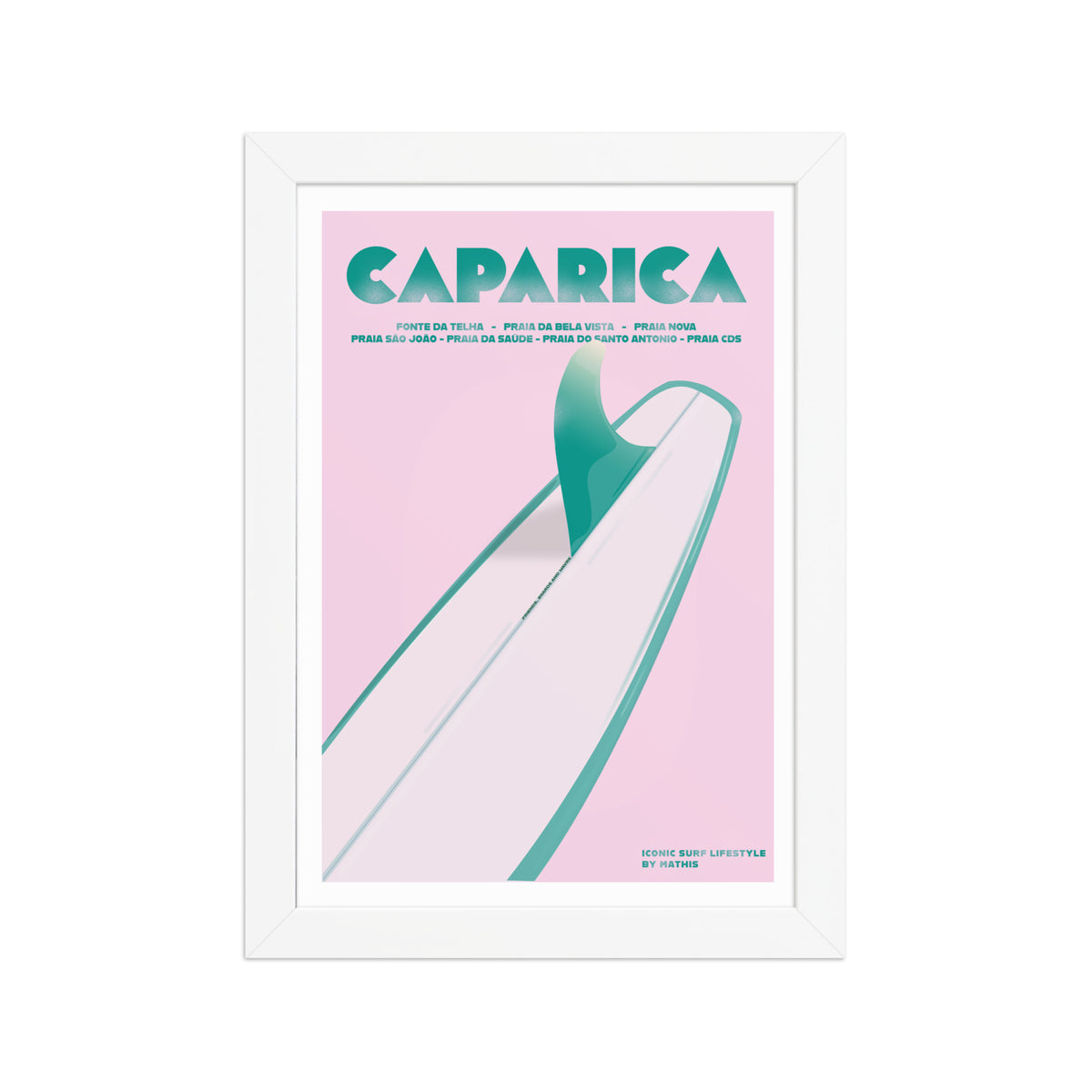 Framed Caparica longboard girly framed print mockup in white frame - hand-drawn Costa da Caparica wall art by MATHIS