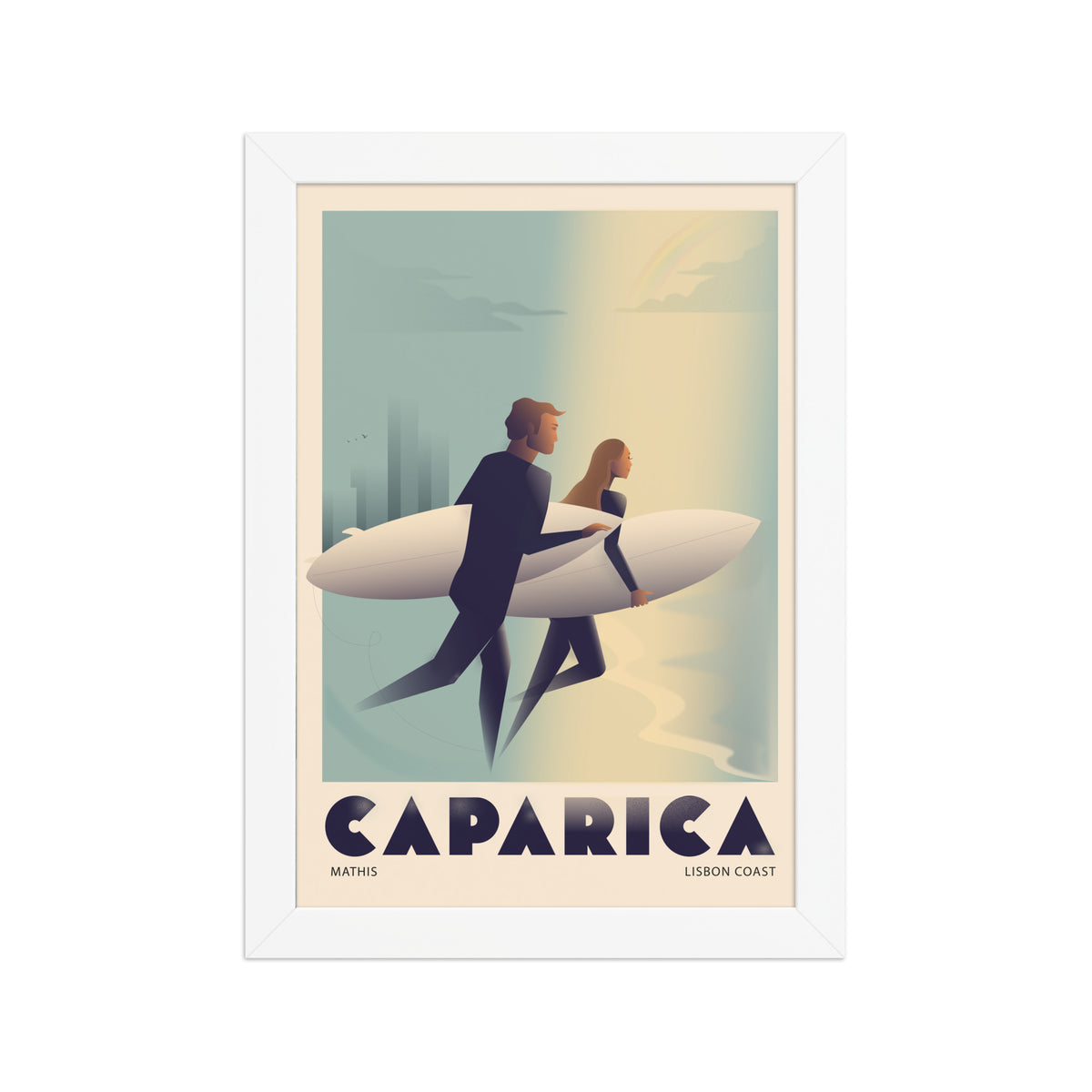 Framed Couple surf framed print mockup in white frame - hand-drawn Portugal wall art by MATHIS