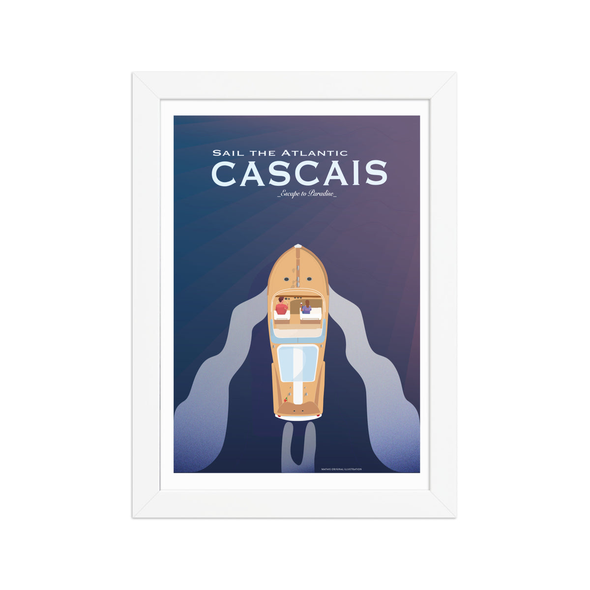 Framed Cascais boat couple framed print mockup in white frame - hand-drawn Cascais wall art by MATHIS