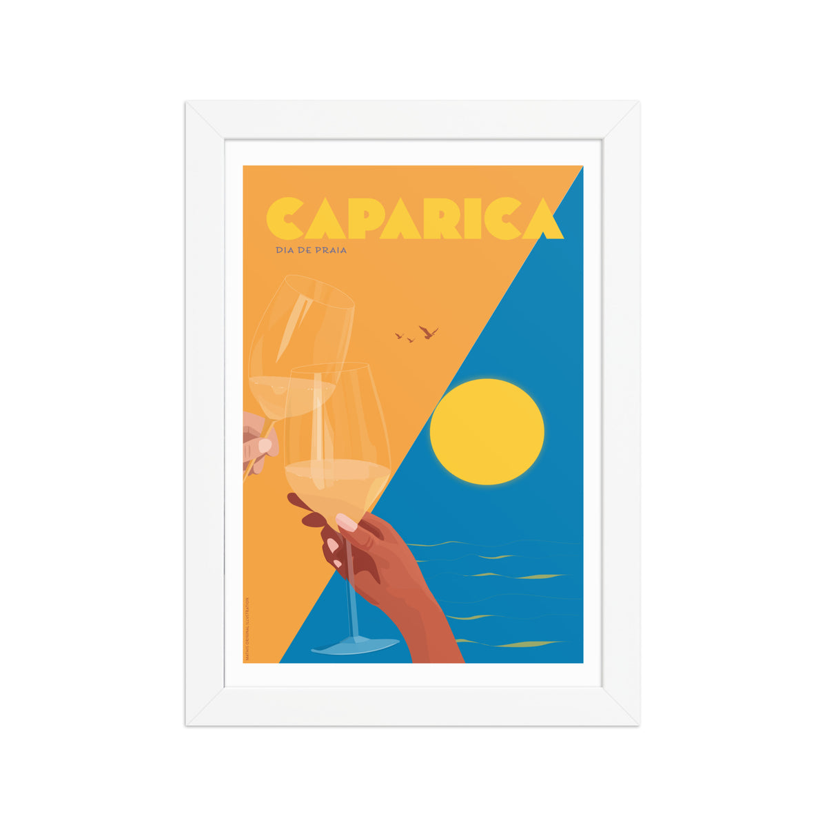 Framed Dia de Praia framed print mockup in white frame - hand-drawn Portugal wall art by MATHIS