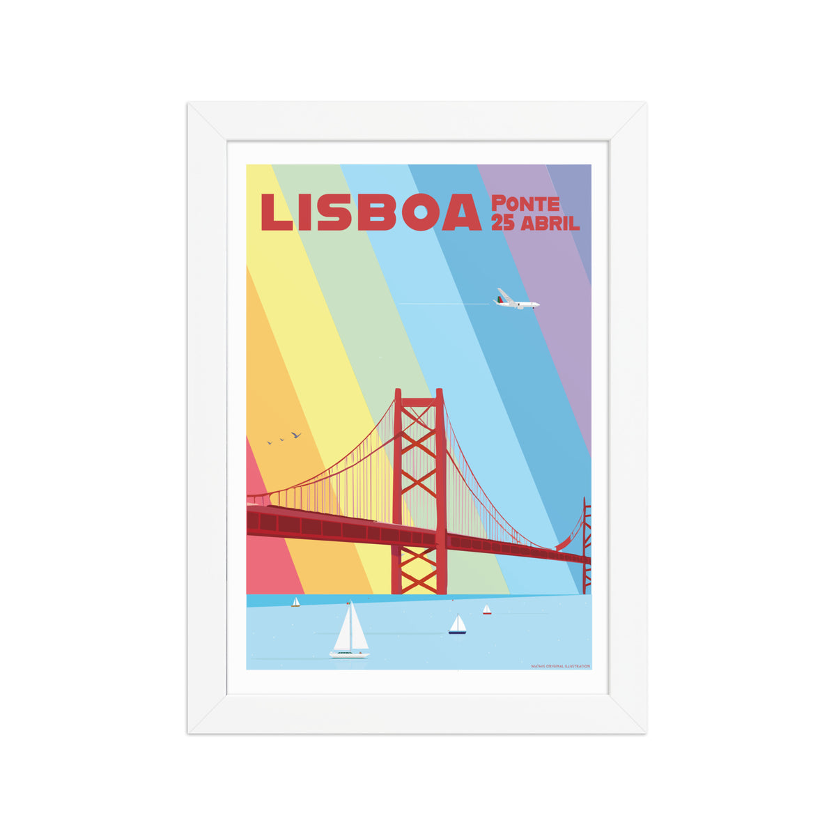 Framed Bridge Multicolor framed print mockup in white frame - hand-drawn Portugal wall art by MATHIS