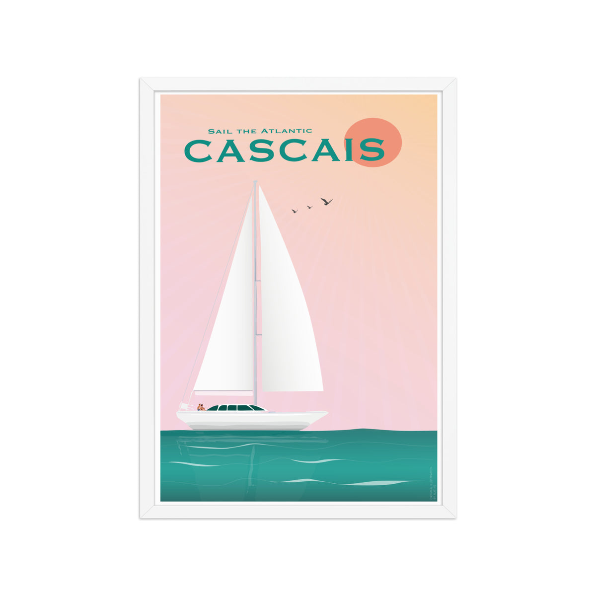Framed Cascais Sailing Poster framed print mockup in white frame - hand-drawn Cascais wall art by MATHIS