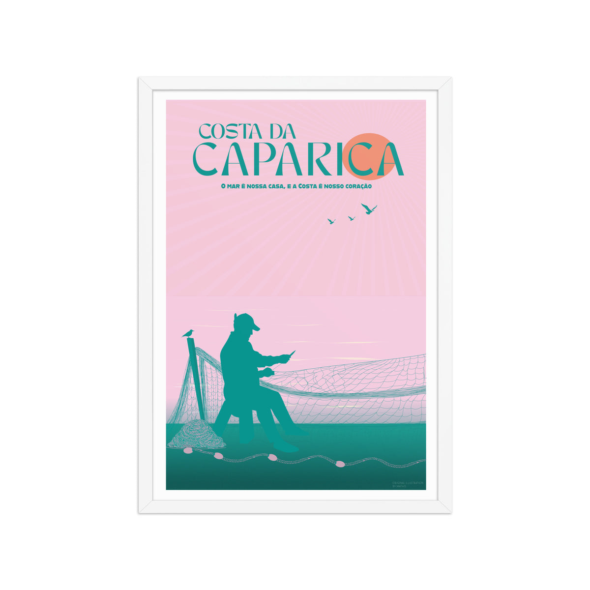 Framed Caparica Fisherman Poster framed print mockup in white frame - hand-drawn Costa da Caparica wall art by MATHIS