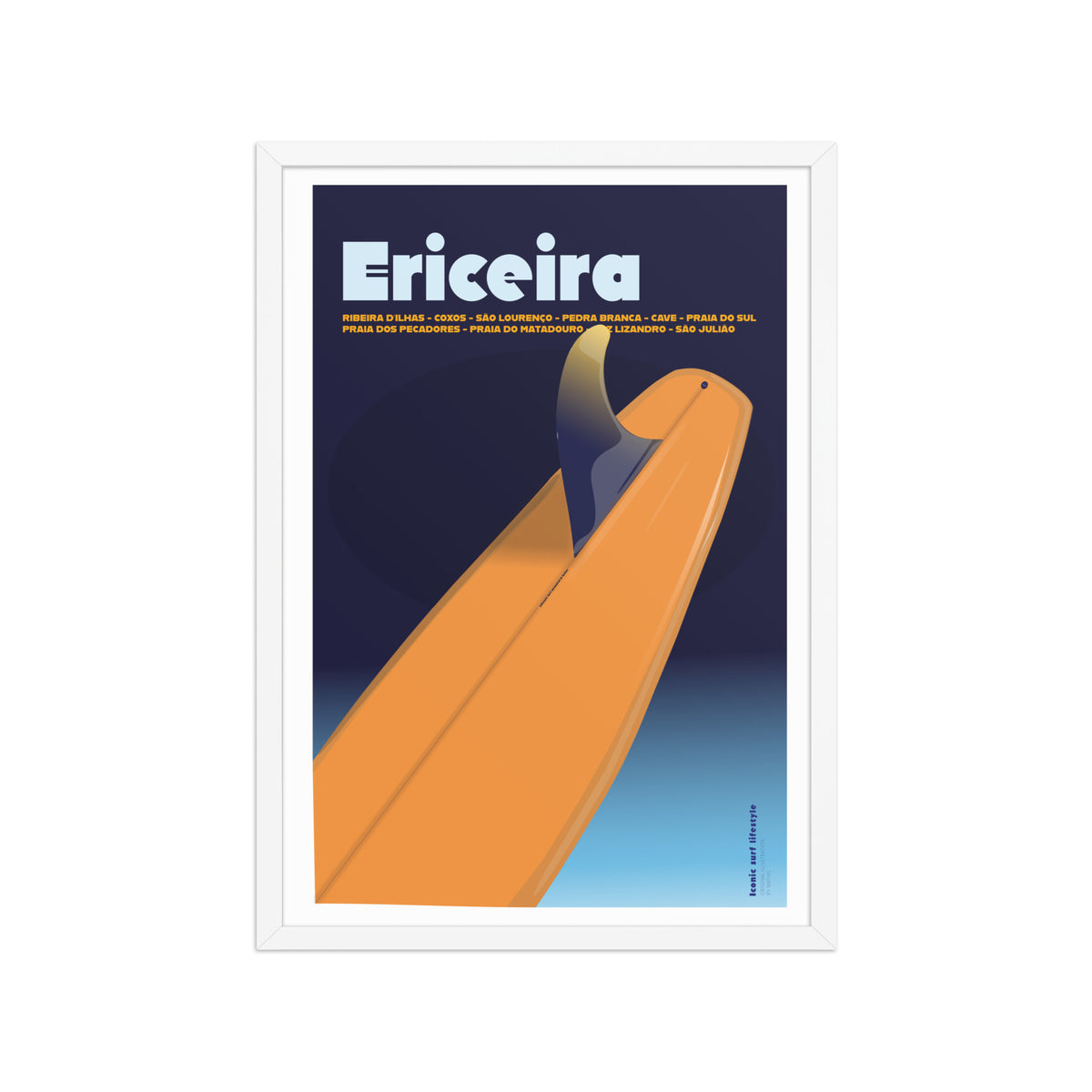 Framed Surf Poster Ericeira framed print mockup in white frame - hand-drawn Ericeira wall art by MATHIS