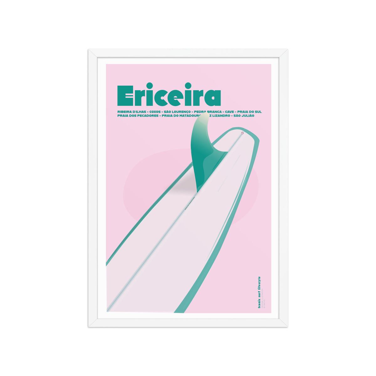 Framed Ericeira Boardwalk Poster framed print mockup in white frame - hand-drawn Ericeira wall art by MATHIS