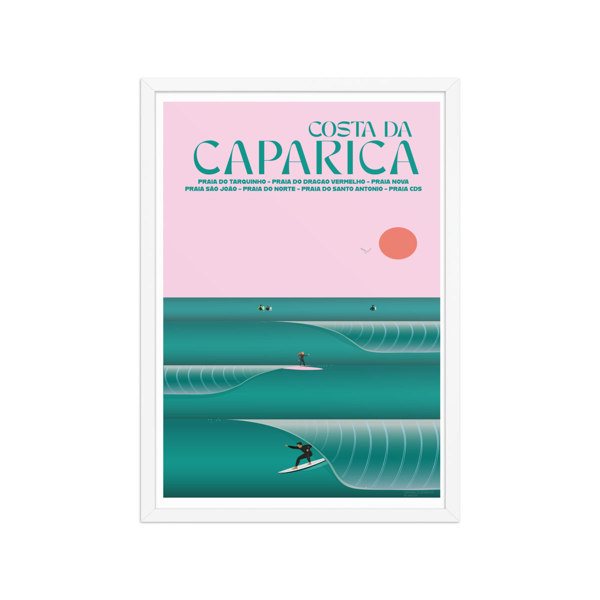 Framed Caparica Barrel Poster framed print mockup in white frame - hand-drawn Costa da Caparica wall art by MATHIS