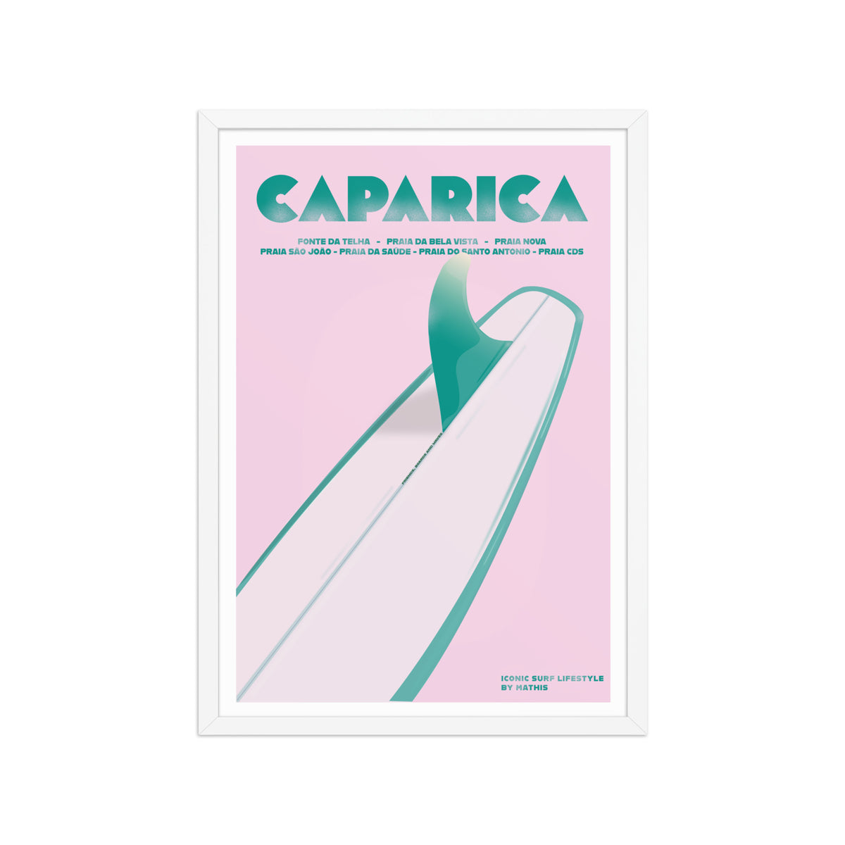Framed Caparica longboard girly framed print mockup in white frame - hand-drawn Costa da Caparica wall art by MATHIS