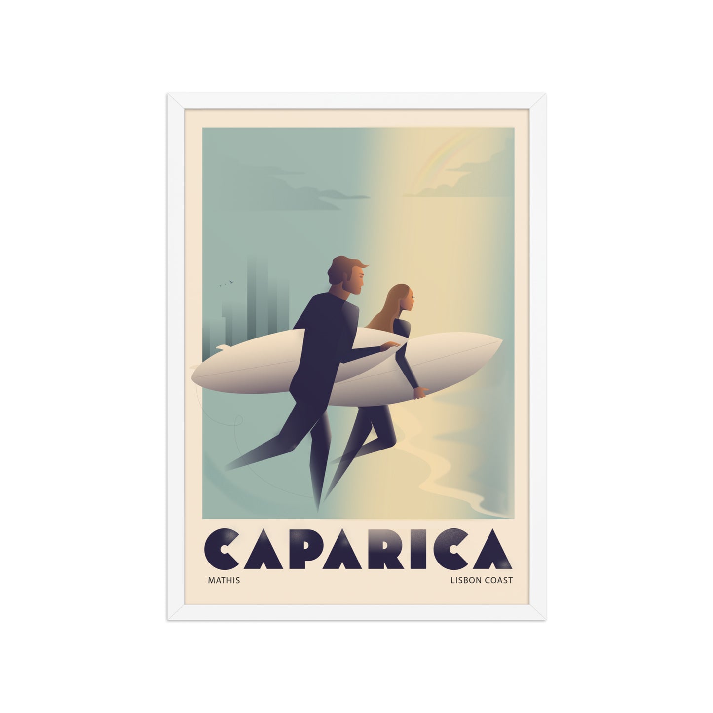 Framed Couple surf framed print mockup in white frame - hand-drawn Portugal wall art by MATHIS
