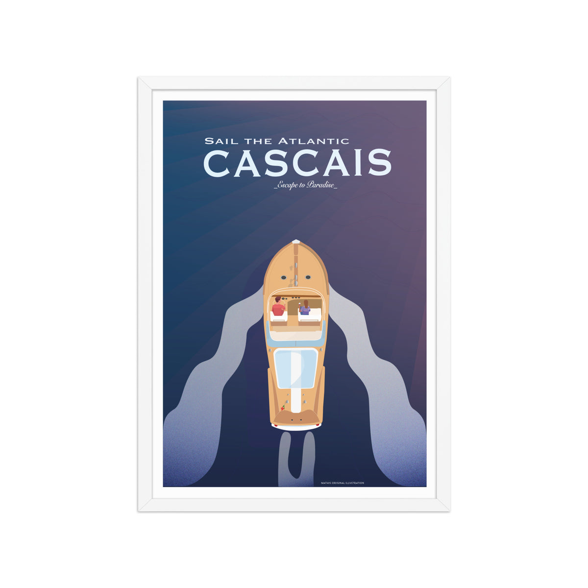 Framed Cascais boat couple framed print mockup in white frame - hand-drawn Cascais wall art by MATHIS