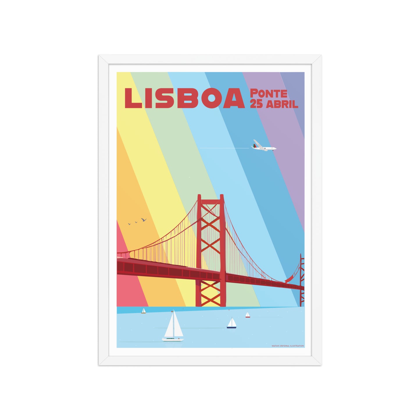 Framed Bridge Multicolor framed print mockup in white frame - hand-drawn Portugal wall art by MATHIS