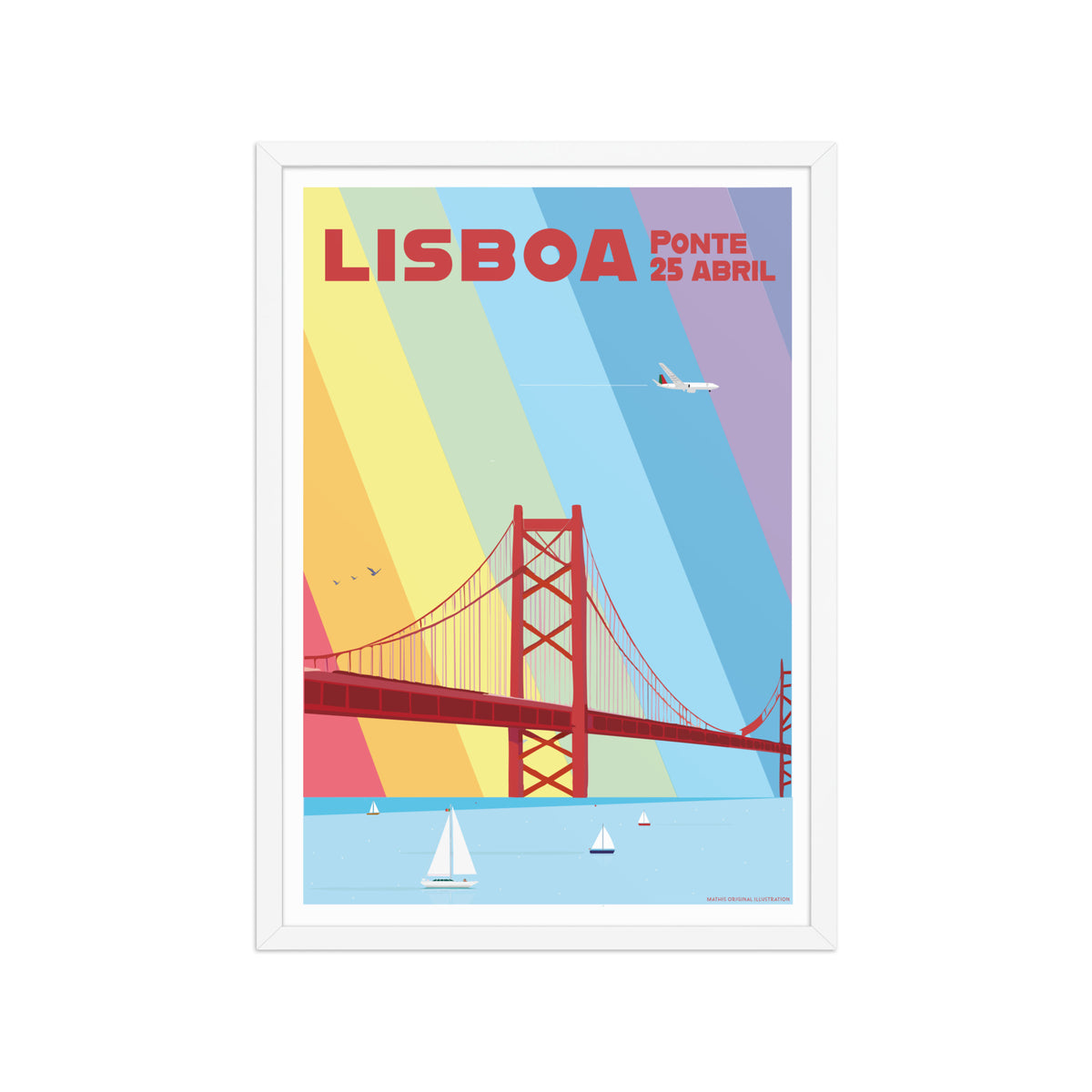 Framed Bridge Multicolor framed print mockup in white frame - hand-drawn Portugal wall art by MATHIS