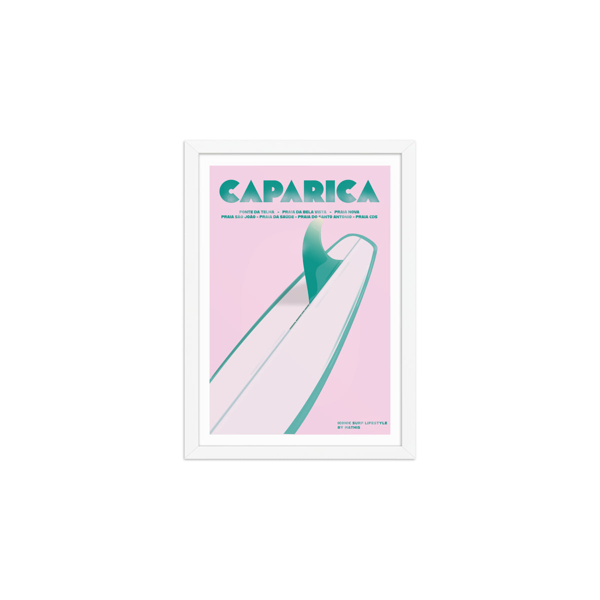Framed Caparica longboard girly framed print mockup in white frame - hand-drawn Costa da Caparica wall art by MATHIS