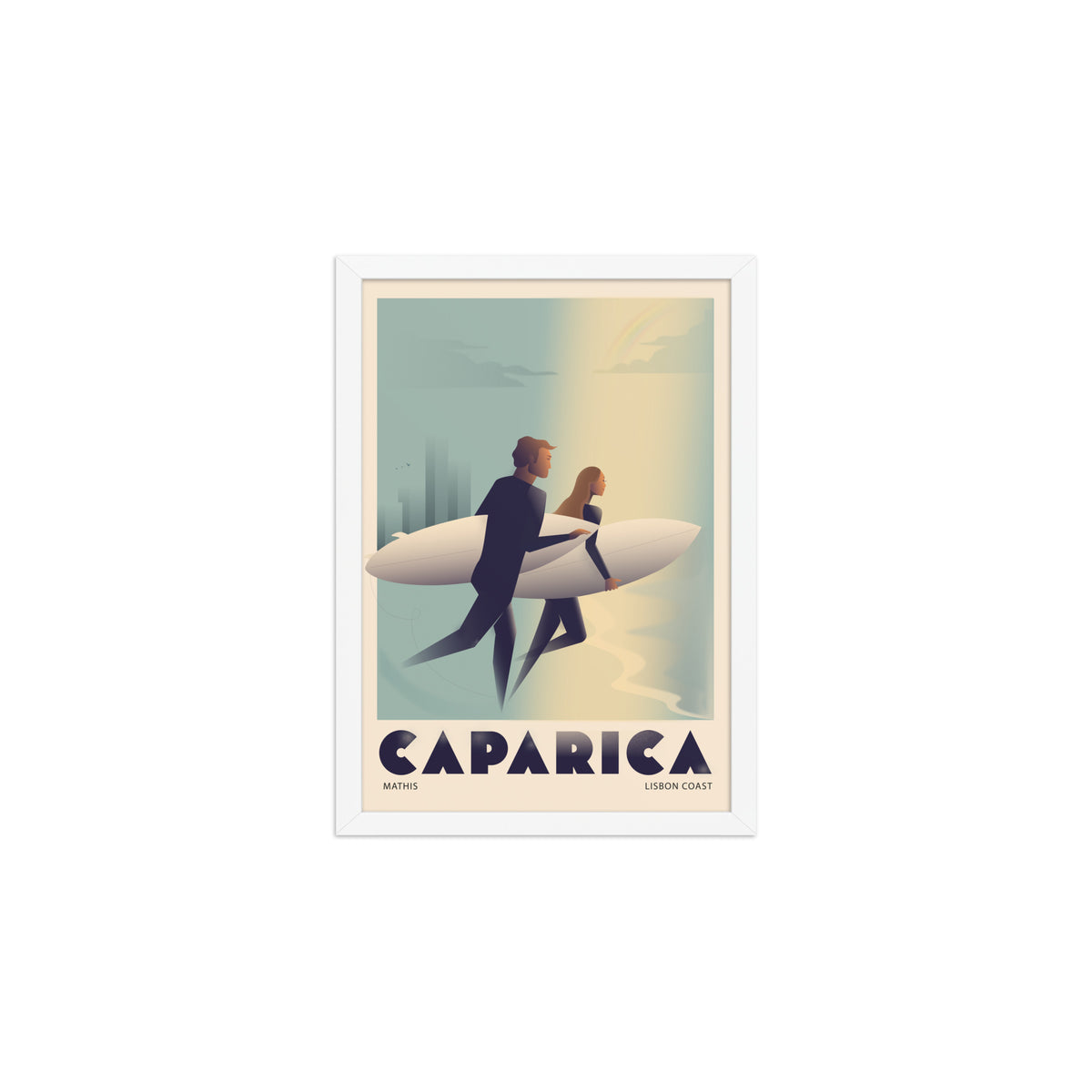 Framed Couple surf framed print mockup in white frame - hand-drawn Portugal wall art by MATHIS