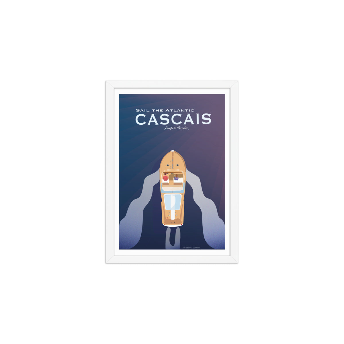 Framed Cascais boat couple framed print mockup in white frame - hand-drawn Cascais wall art by MATHIS