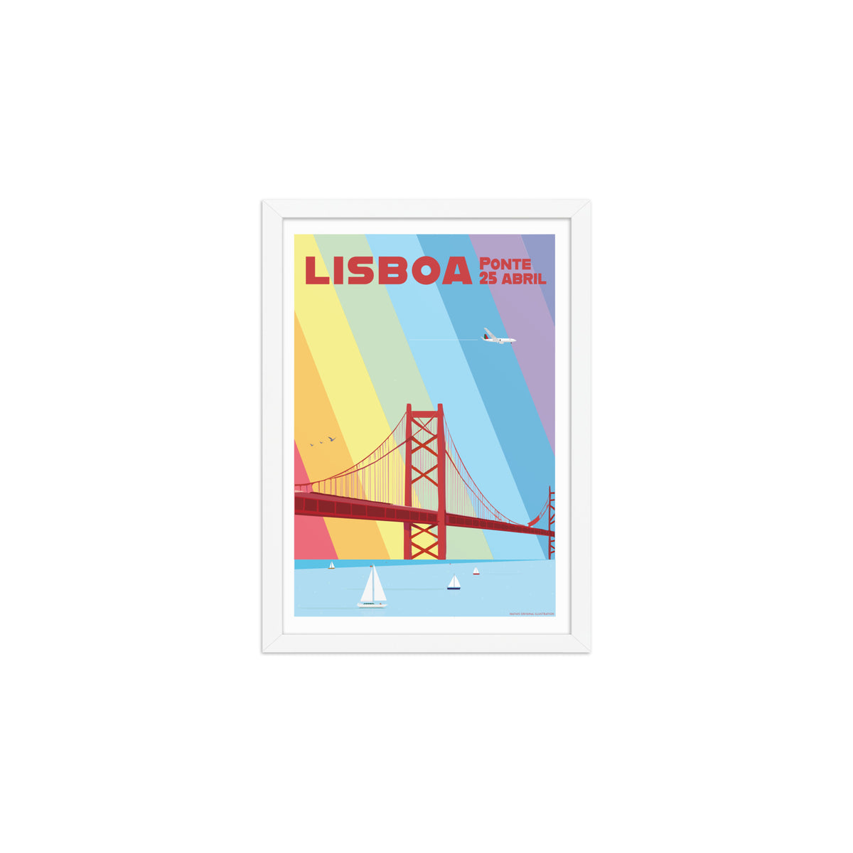 Framed Bridge Multicolor framed print mockup in white frame - hand-drawn Portugal wall art by MATHIS