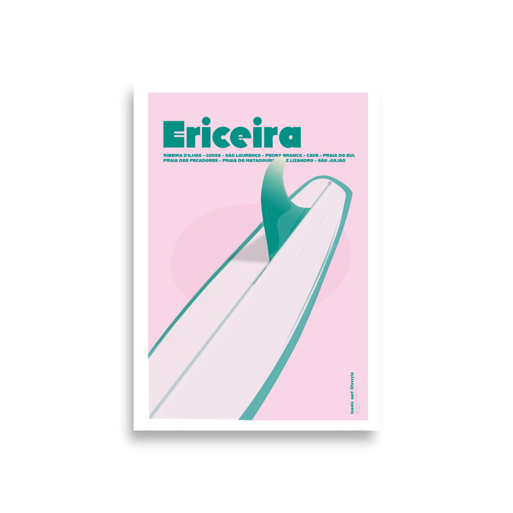 Pink and teal Ericeira Longboard Poster in A1 - hand-drawn Portugal surf art by MATHIS