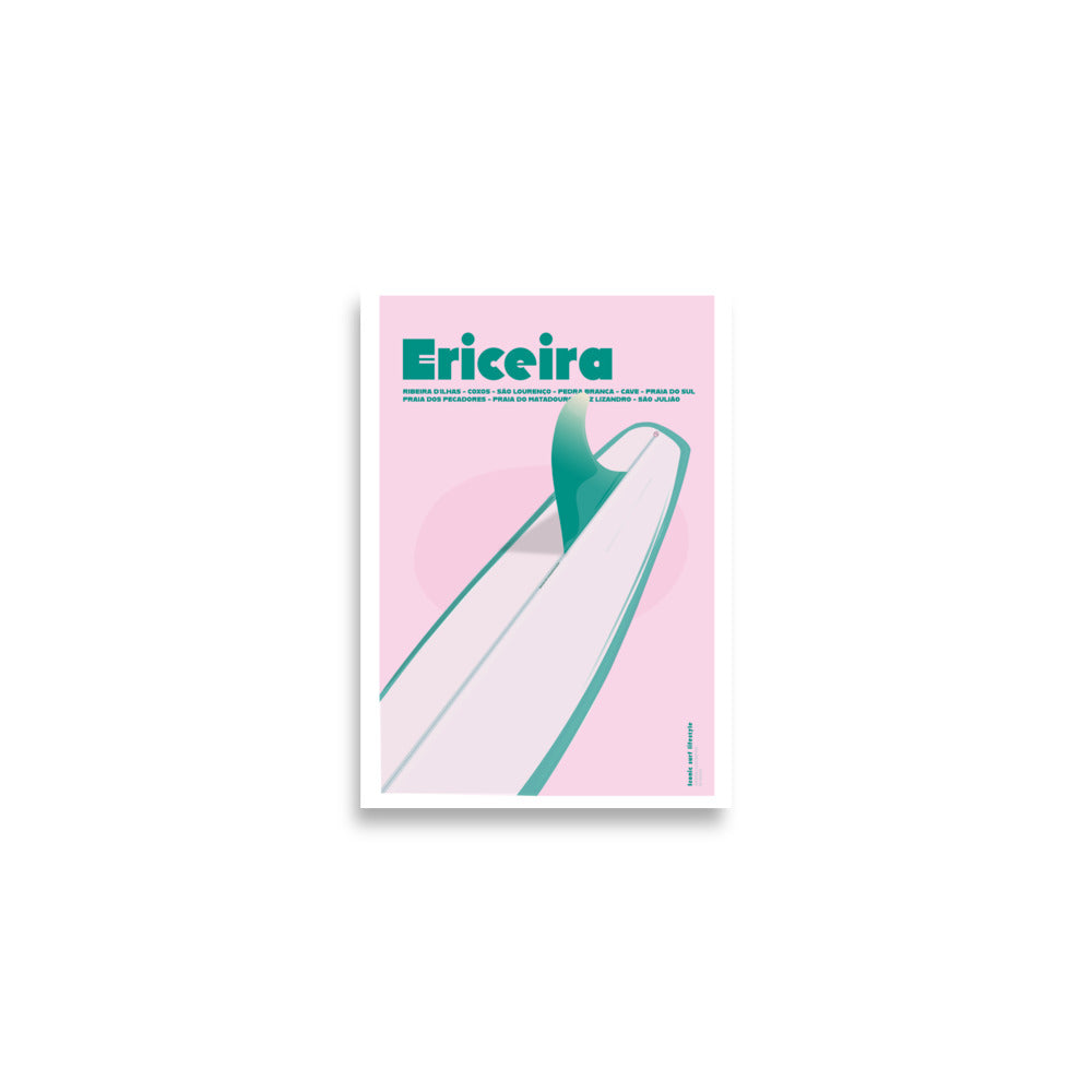 Pink and teal Ericeira Longboard Poster in A2 - hand-drawn Portugal surf art by MATHIS