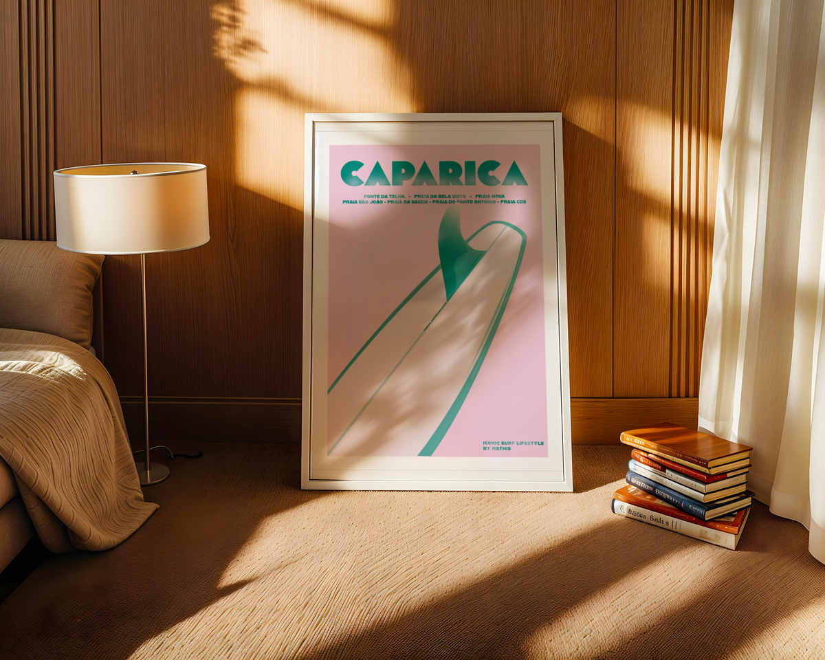 Caparica Surf Girl Poster wall art mockup - hand-drawn Costa da Caparica poster by MATHIS