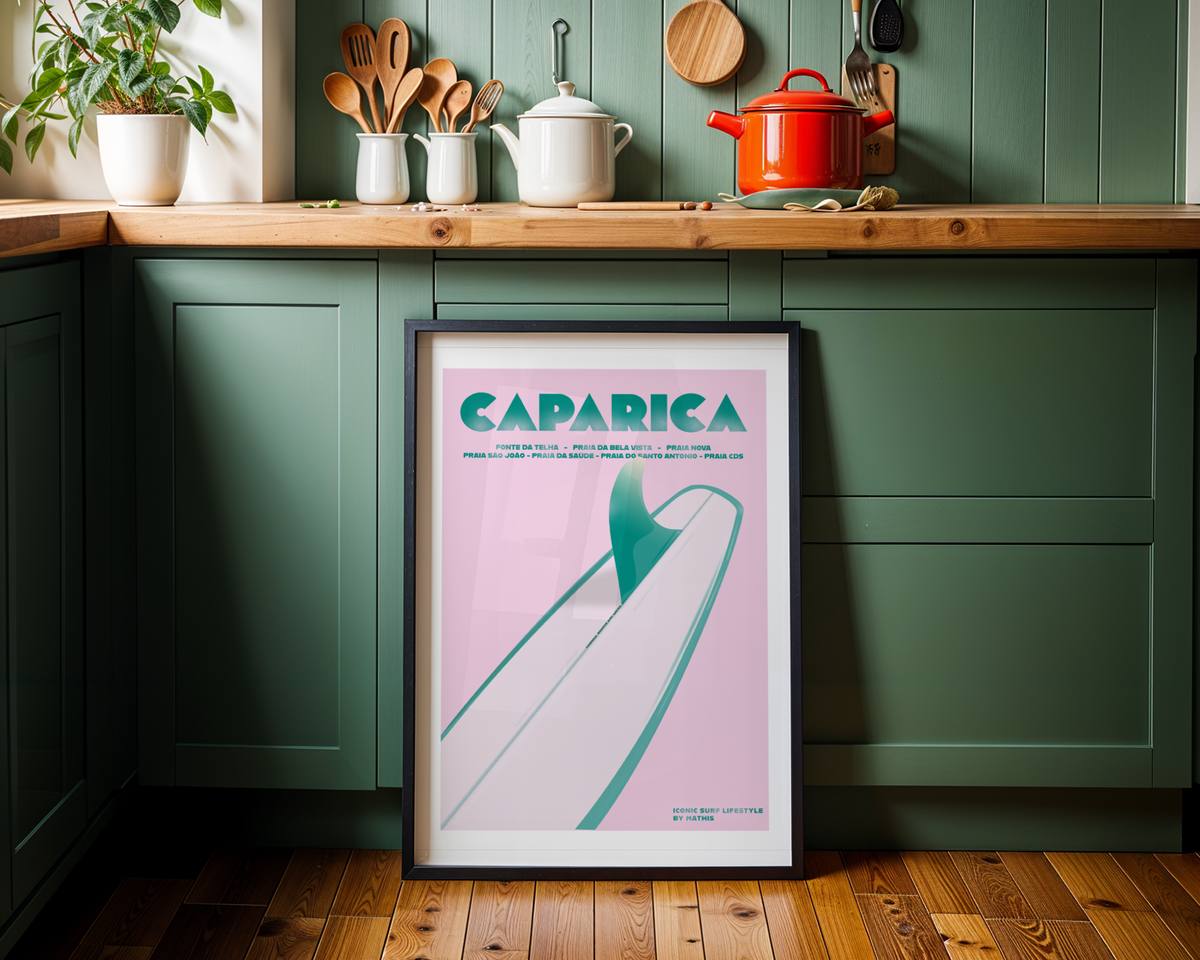 Caparica Surf Girl Poster wall art mockup - hand-drawn Costa da Caparica poster by MATHIS