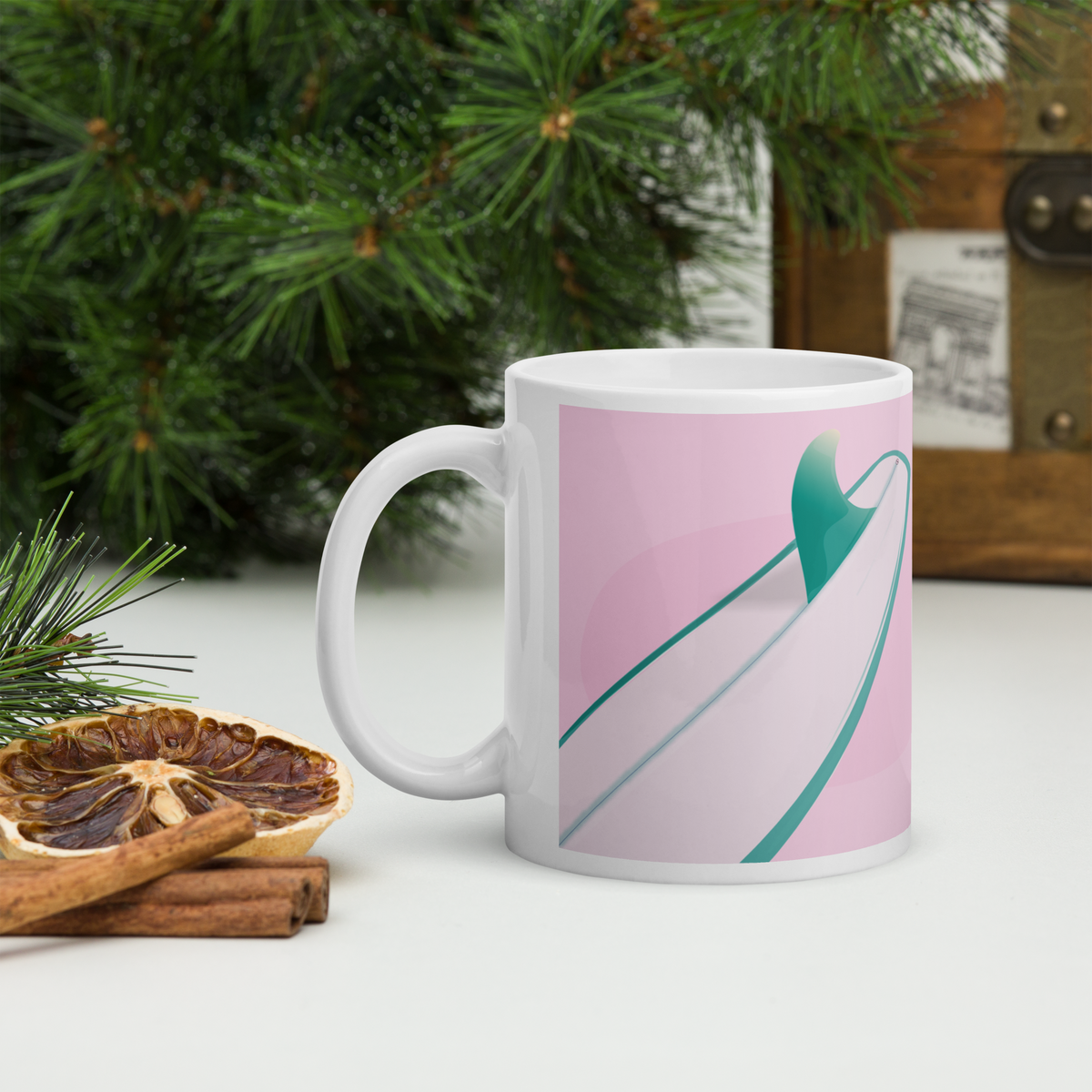 Ericeira Boardwalk Mug white ceramic mug with left handle view and hand-drawn Ericeira illustration by MATHIS